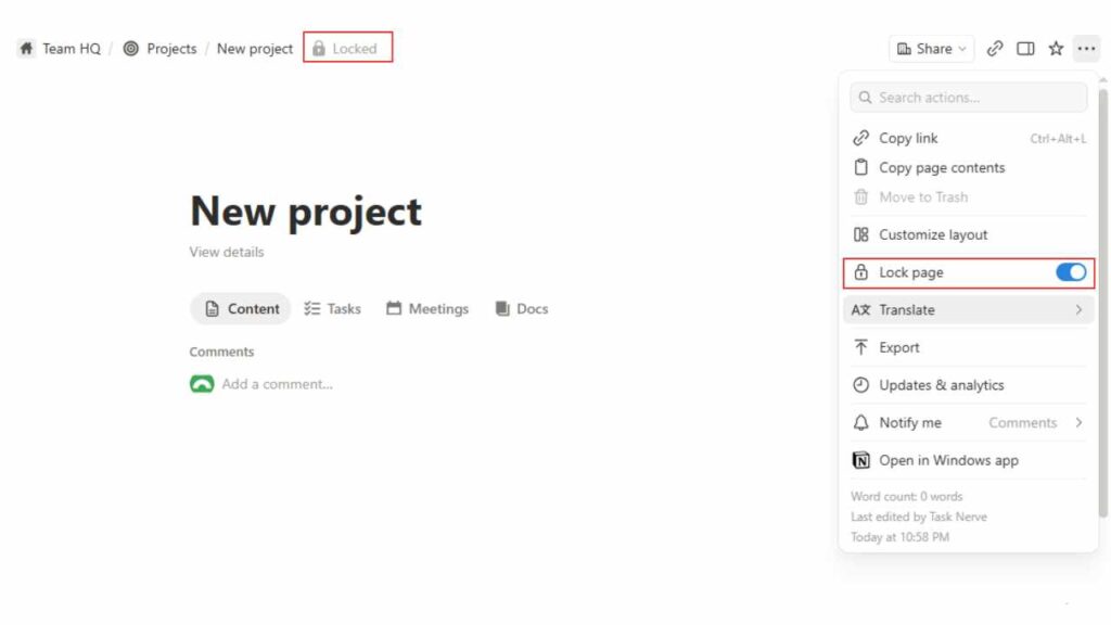 Lock Page toggle visible in menu