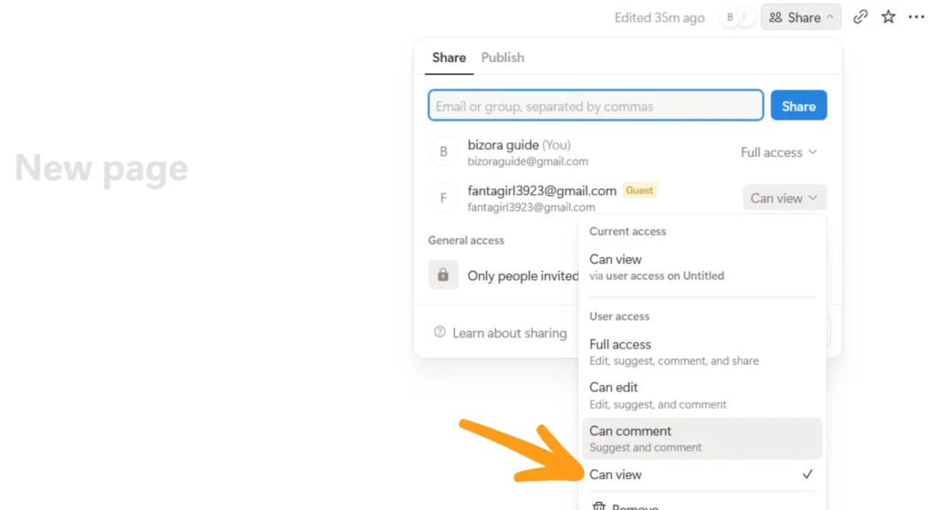 New empty opened notion page's share option access selecting view