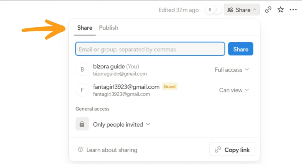 New empty opened notion page's share option view for email share