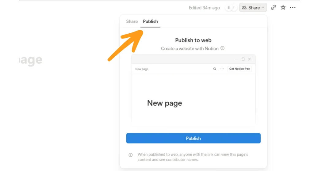 New empty opened notion page's share option view for web share
