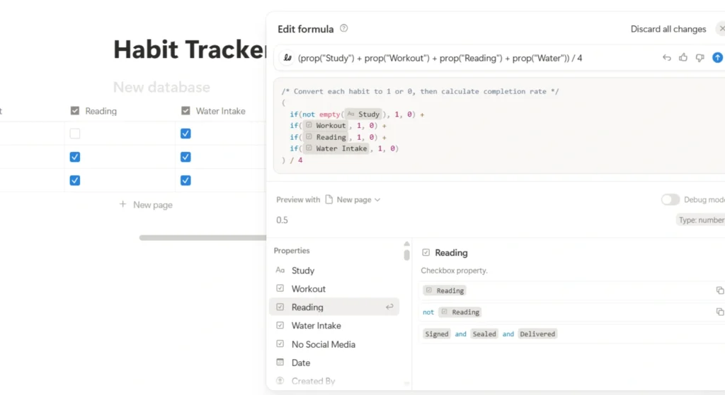 How to Build a Notion Habit Tracker for Students 11 Notion database table adding working formulas