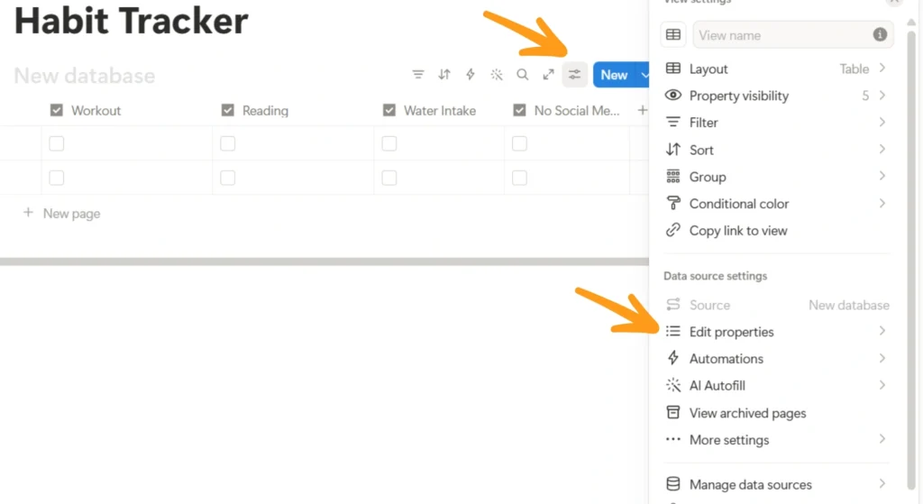 How to Build a Notion Habit Tracker for Students 4 Notion database table settings view