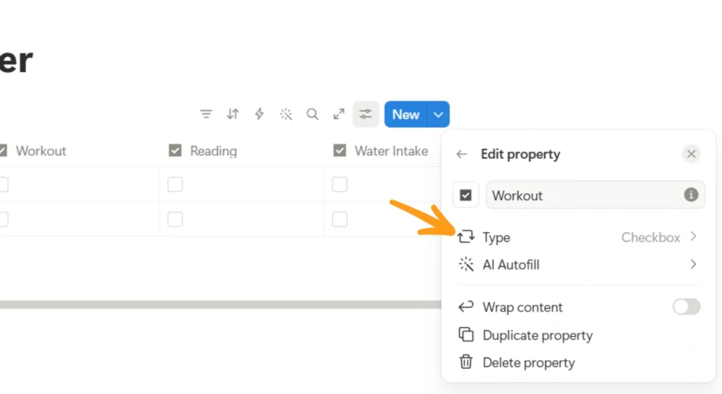 How to Build a Notion Habit Tracker for Students 6 Notion database table settings view edit property view edit type