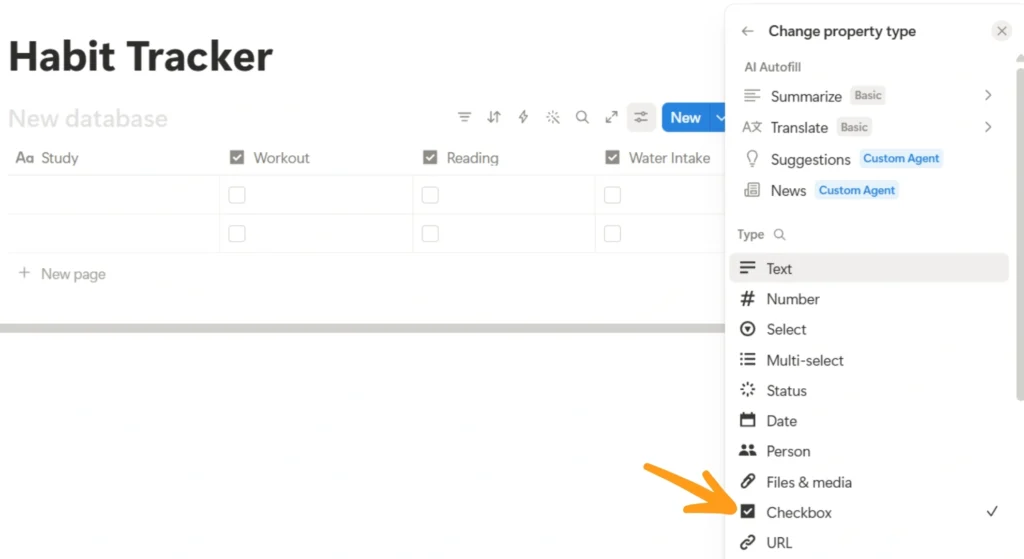How to Build a Notion Habit Tracker for Students 7 Notion database table settings view edit property view edit type checkbox