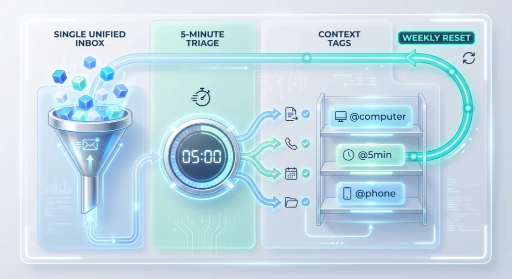 Stop Forgetting Tasks With a Simple Digital System 4 A horizontal flow infographic mapping a 4-part task pipeline from a single inbox, 5-minute sort, context tag filters, to a weekly reset loop, on a bright pastel corporate background