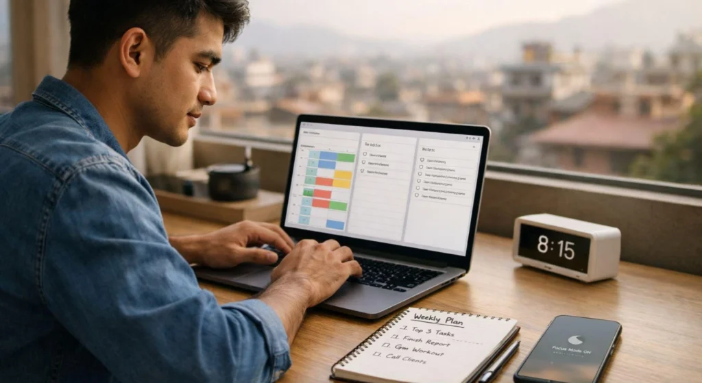 Stop Forgetting Tasks With a Simple Digital System 8 A person using a laptop with a weekly progress dashboard