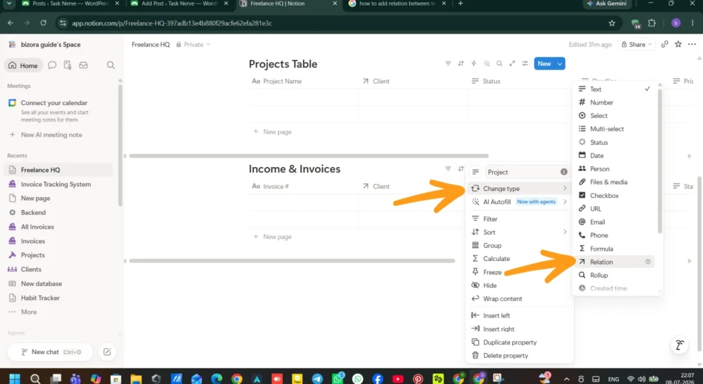 Notion Dashboard Setup for Freelancers (Easy Guide) 13 Add relation between invoice table and project table