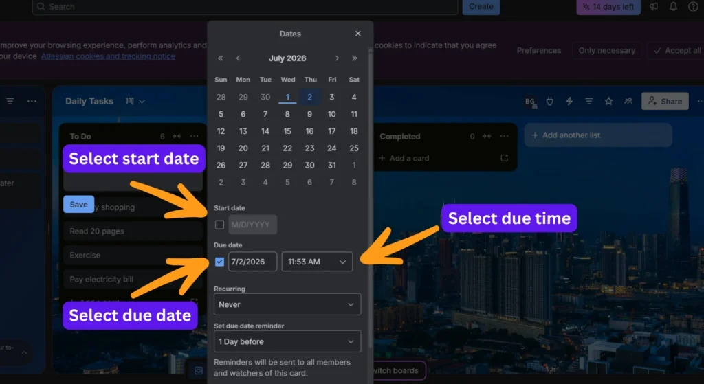 Adding due dates to the to do list in trello