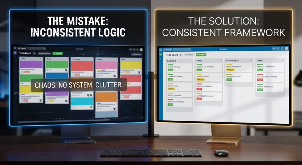 How to Use Trello Labels to Organize Projects Like a Pro 2 Comparison graphic showing the visual confusion of inconsistent Trello labels versus the clarity of a structured label framework