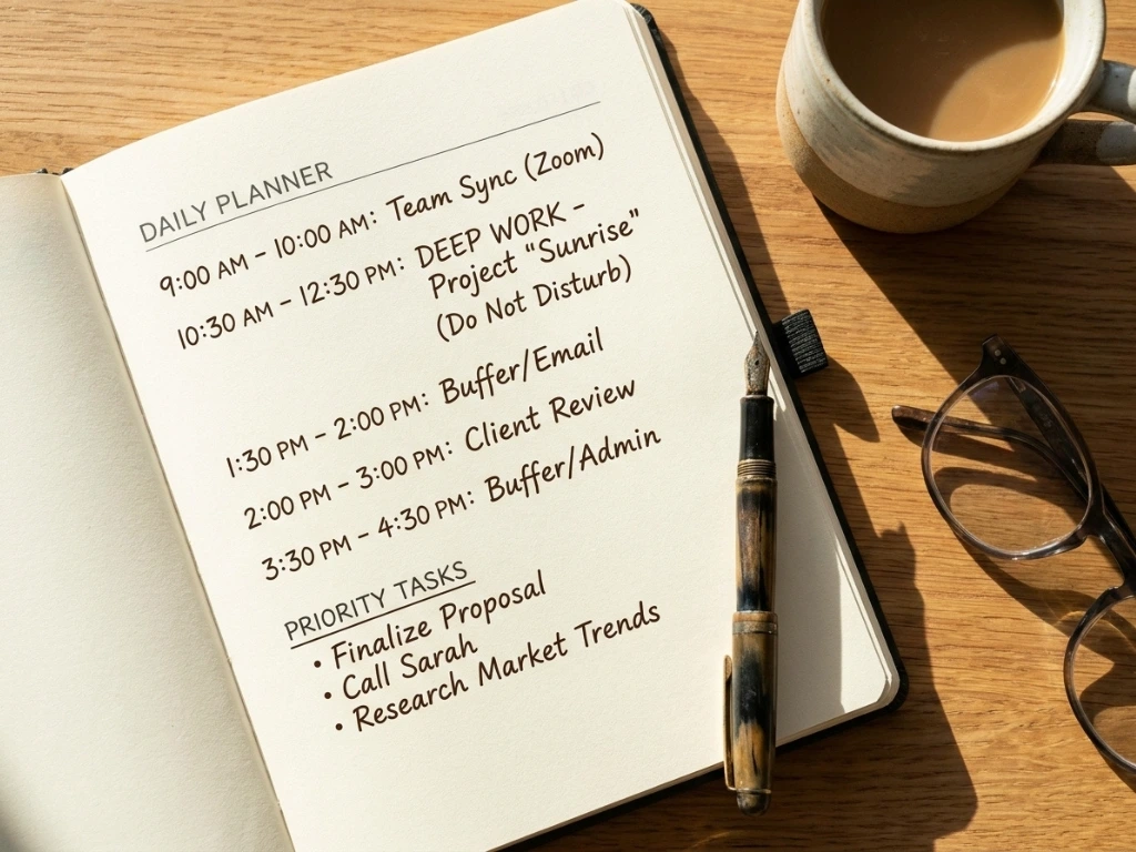 Daily planner showing balanced time blocks with buffer periods
