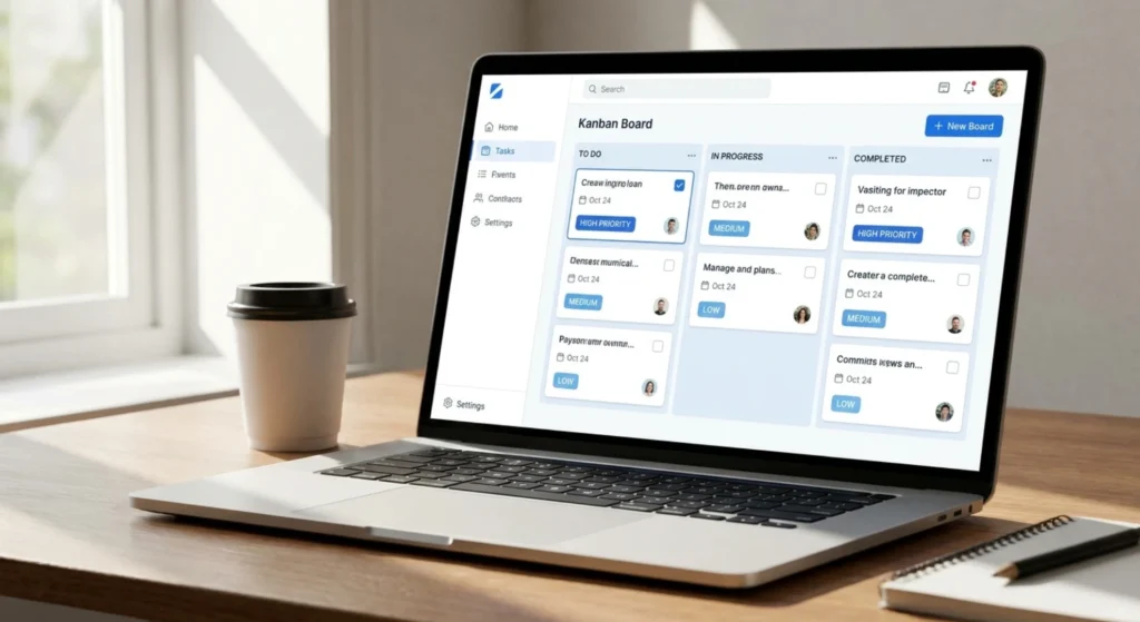Digital task management dashboard displaying assignments, due dates, priorities, and completed tasks