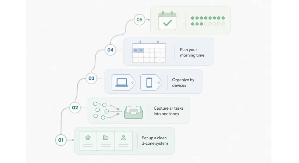 Stop Forgetting Tasks With a Simple Digital System 9 Five-step productivity system infographic with a 30-minute timer and task organization workflow.