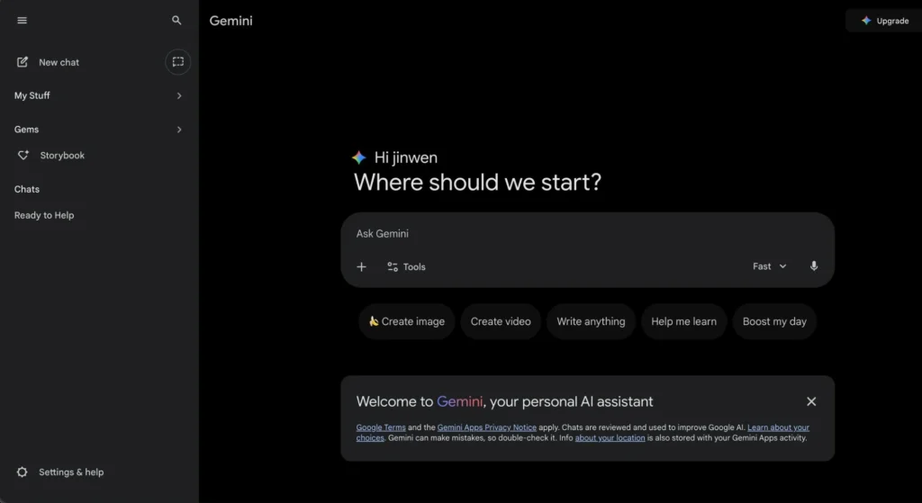 Gemini AI chatting page