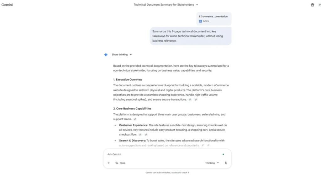 Gemini AI user given prompt and AI answer in the chatting page