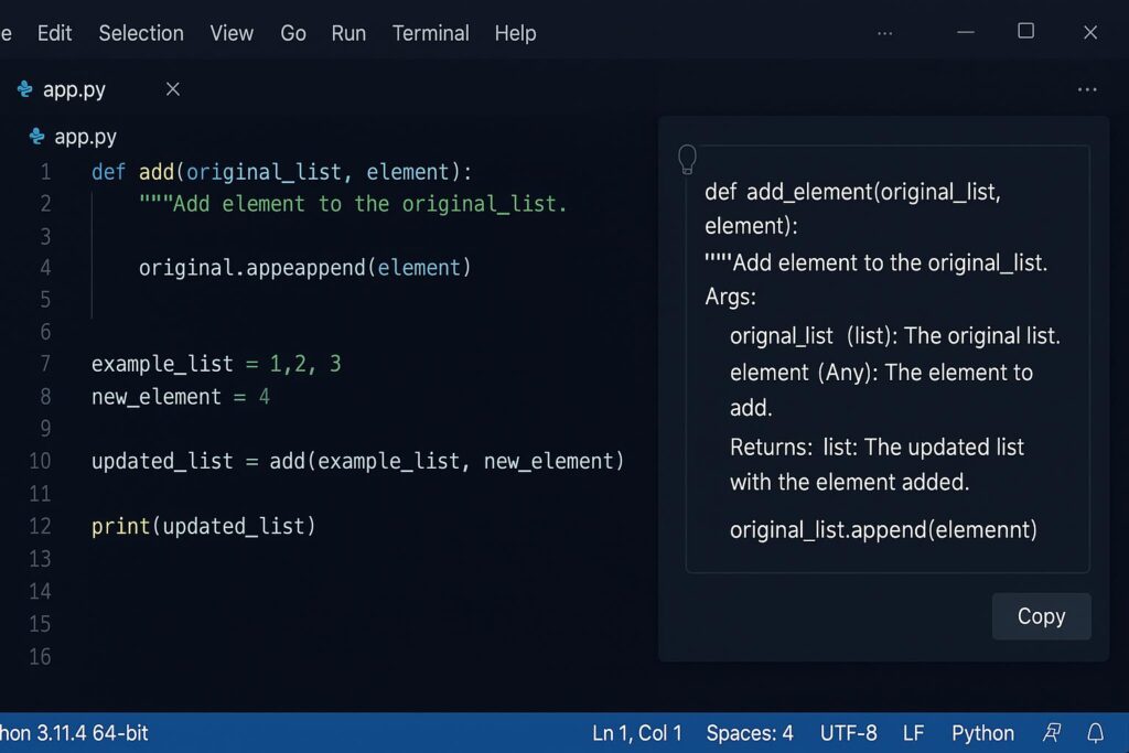 Github copilot text editor view