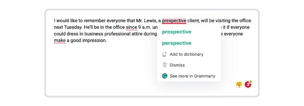Grammarly text editing with grammar errors