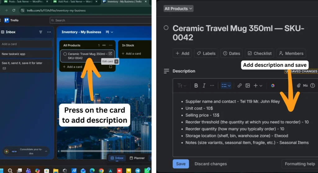 Guiding image to add description to trello board's list cards
