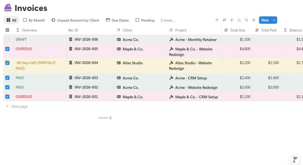 Notion Dashboard Setup for Freelancers (Easy Guide) 5 Income and invoice tracker inside Notion