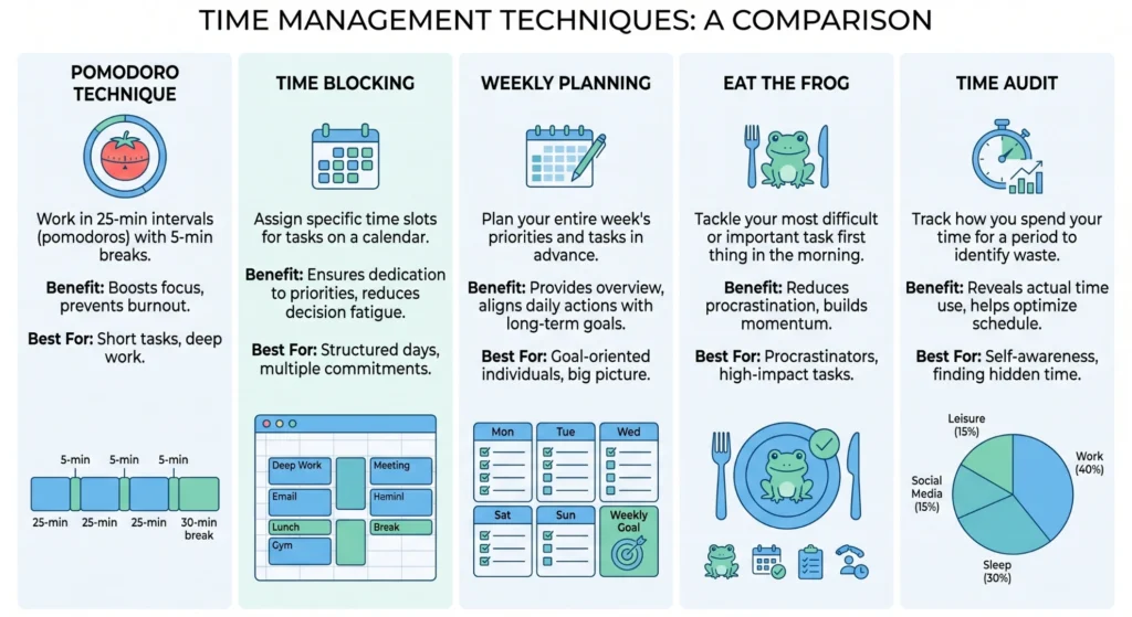 Infographic comparing Pomodoro Technique, Time Blocking, Weekly Planning, Eat the Frog, and Time Audit methods