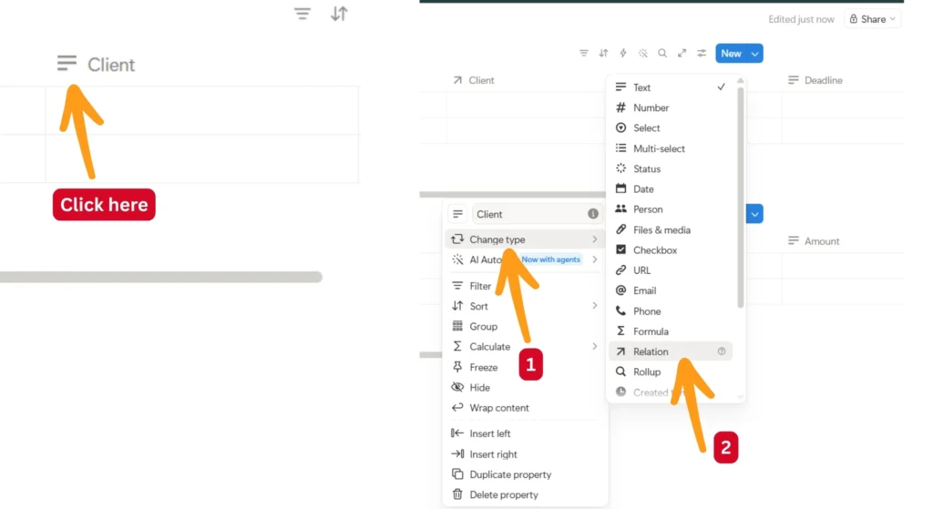 Notion Dashboard Setup for Freelancers (Easy Guide) 11 Making relation between project table and client table by the Client column in project table
