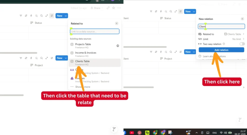 Notion Dashboard Setup for Freelancers (Easy Guide) 12 Relation add between two tables