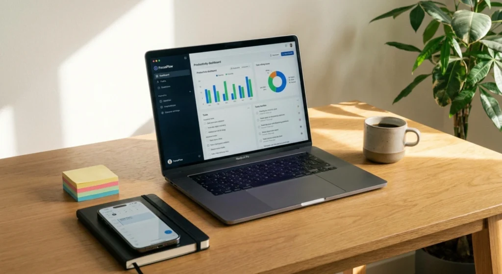 Modern student workspace with a laptop, calendar, notebook, smartphone, and study materials