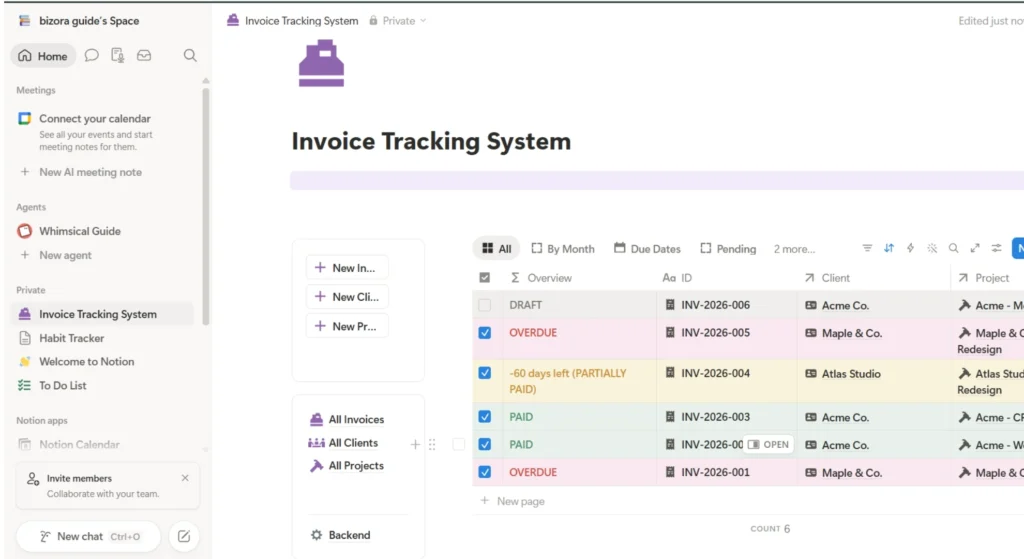 Notion Dashboard Setup for Freelancers (Easy Guide) 2 Notion dashboard home page for freelance work invoice tracking system