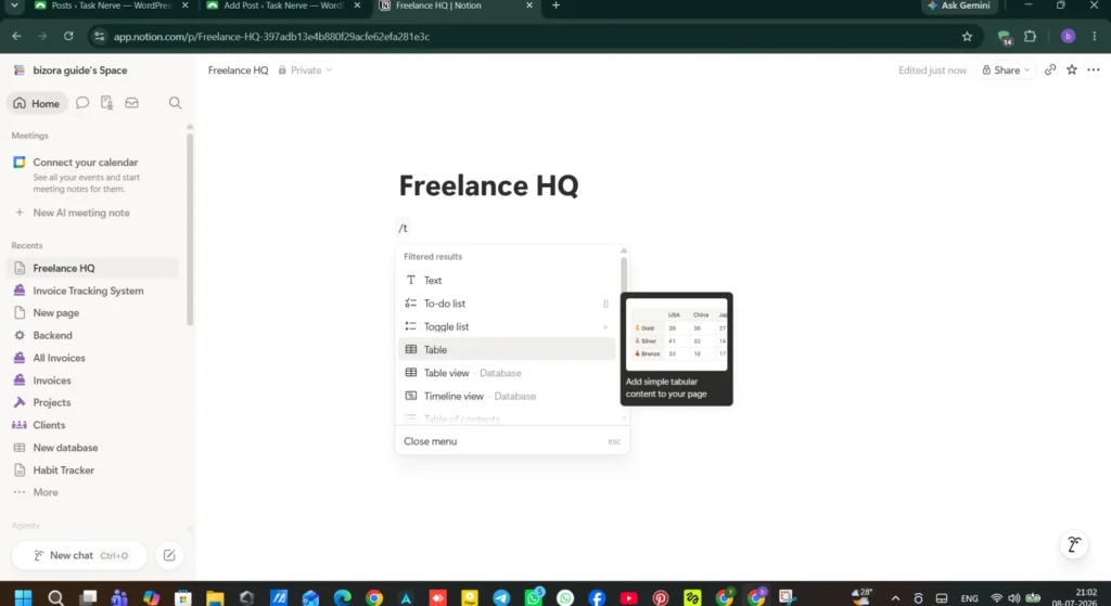 Notion Dashboard Setup for Freelancers (Easy Guide) 7 Notion new table create with table command