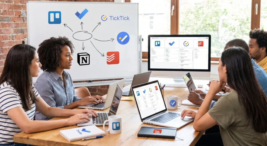 Stop Forgetting Tasks With a Simple Digital System 3 People discussing about Trello , Microsoft To Do , TickTick , Google Tasks , Notion , Todoist apps in a small meeting displaying the mentioned app's logos