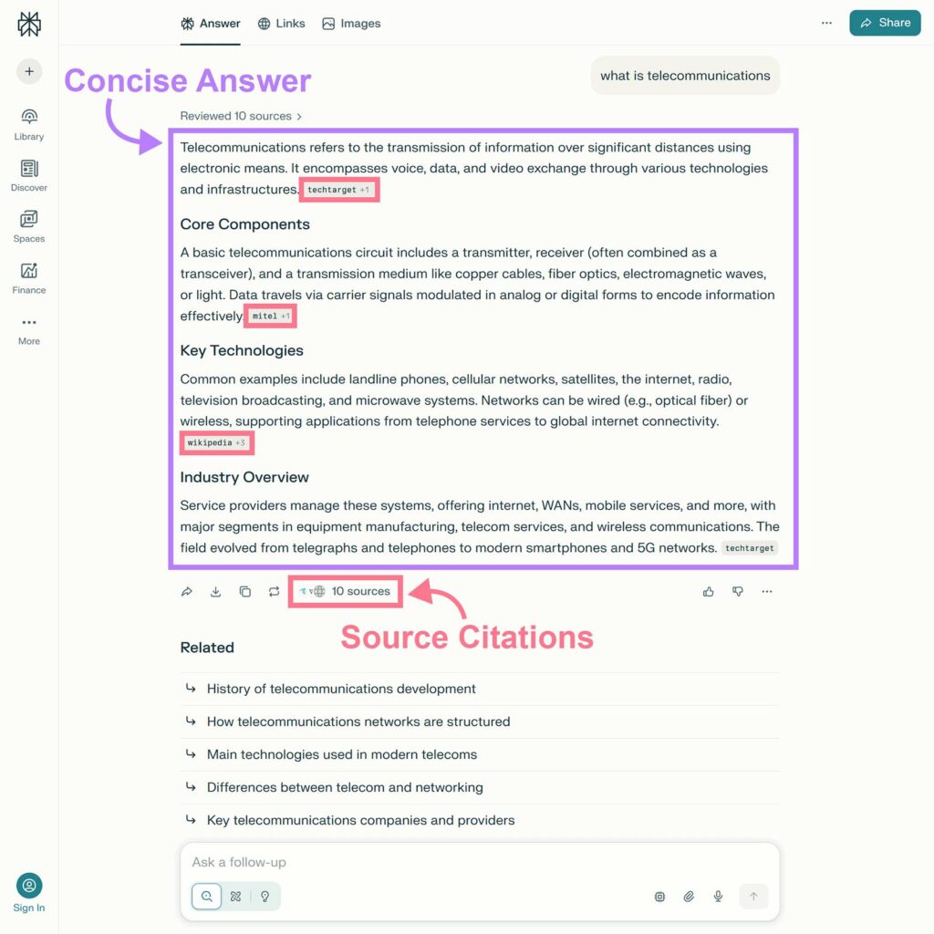 Perplexity AI's given answer view