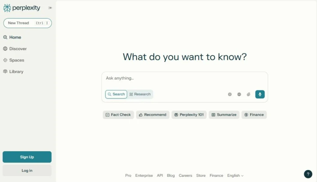 Perplexity AI's home page overview