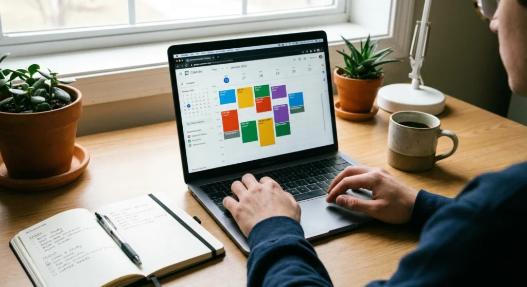 Student planning a weekly study schedule using a digital calendar with color-coded time blocks
