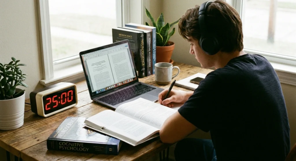 Student using the Pomodoro Technique with a 25-minute timer while studying at a desk