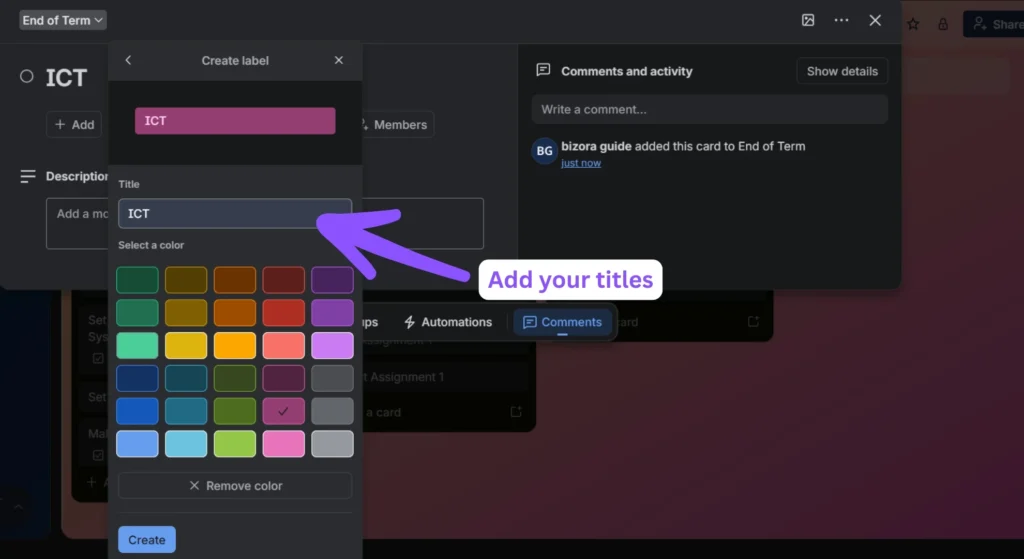 How to Use Trello Labels to Organize Projects Like a Pro 7 Trello Create label menu displaying the expanded color palette to build a custom-titled label