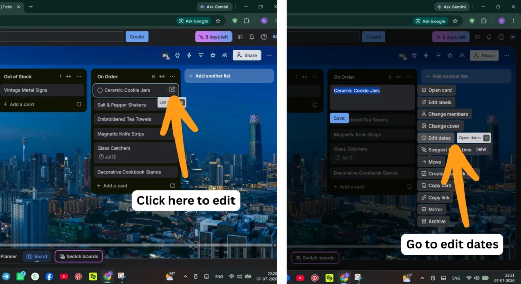 Trello board adding due dates to cards in lists