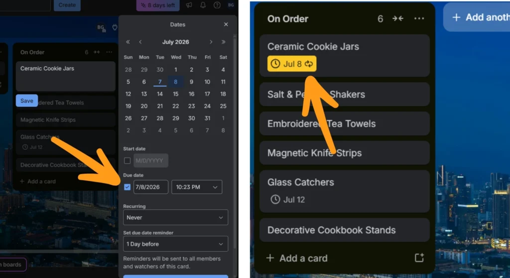 Trello board adding due dates view of cards in lists 