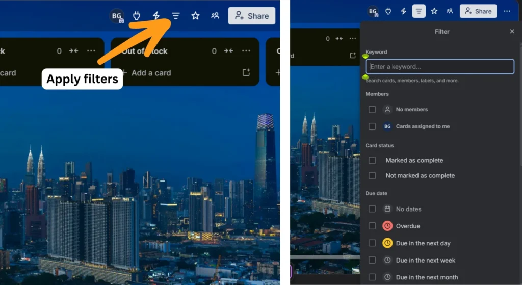 Trello board apply filters option