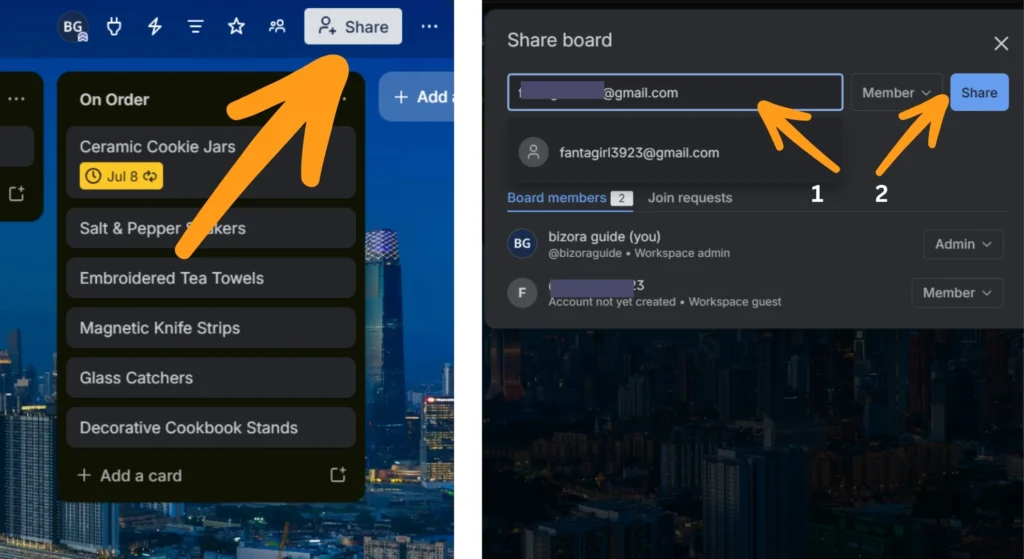 Trello board giving access by sharing to members