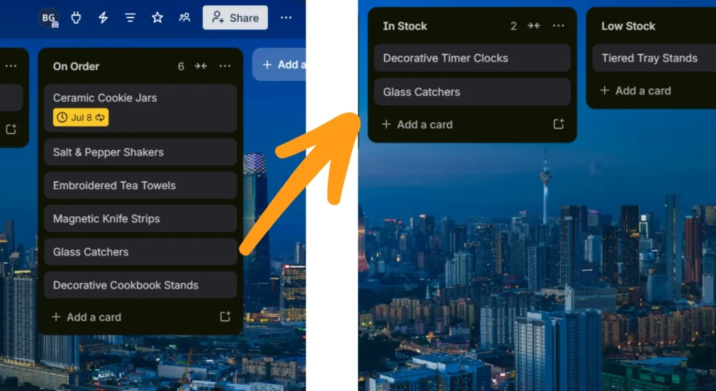 Trello board inventory system list's cards moving from one list to another