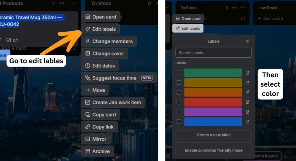 Trello board list card's label editing view with features