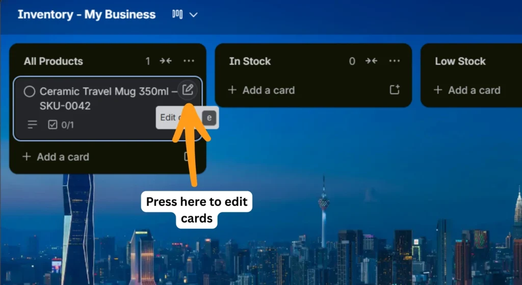 Trello board list edit card option pointing image