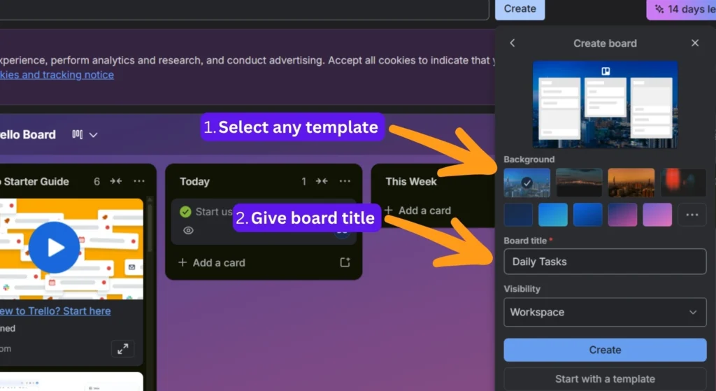 Trello board naming and the template selection