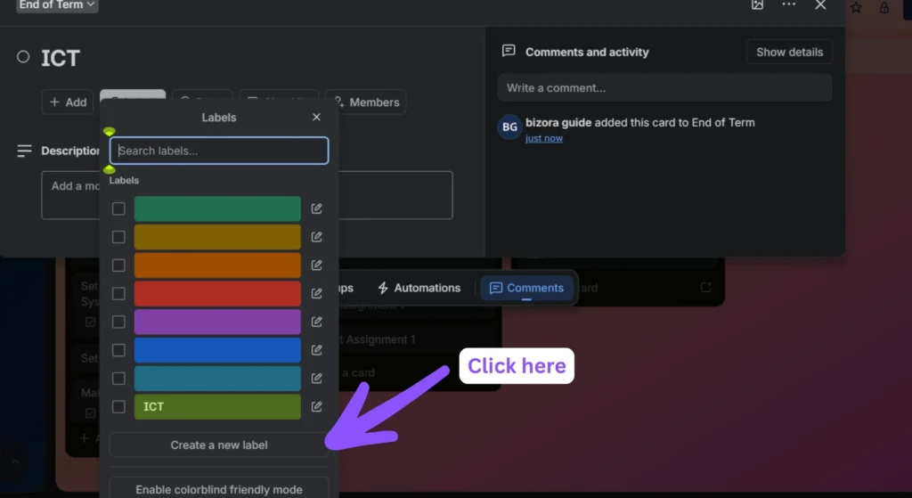 How to Use Trello Labels to Organize Projects Like a Pro 6 Trello card interface showing a custom-named ICT label created within the label selection menu