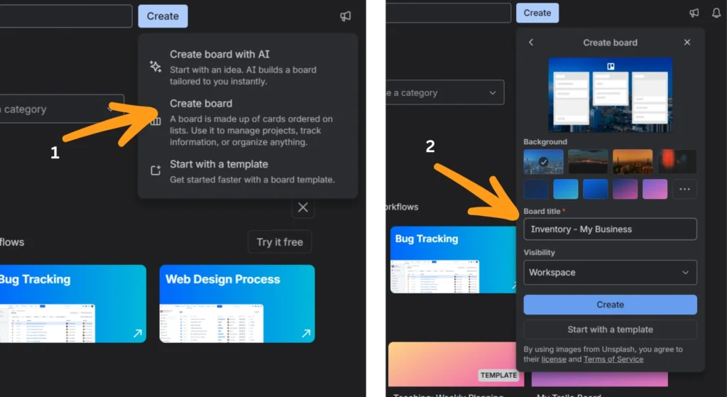 Trello create board option and naming the board title view