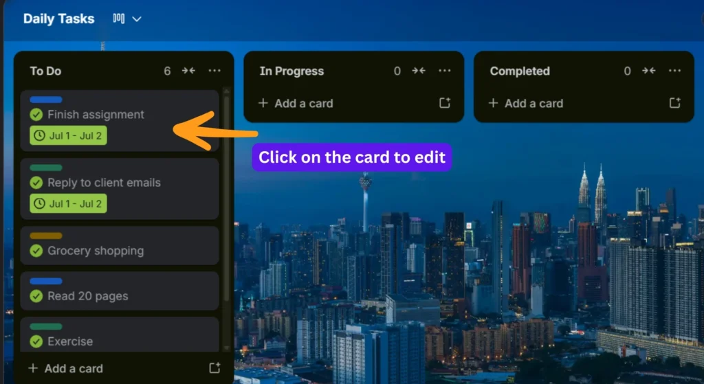 Trello daily task board list's card editing