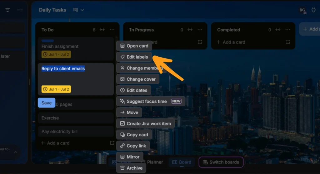 Trello editing list options pointing the editing lables