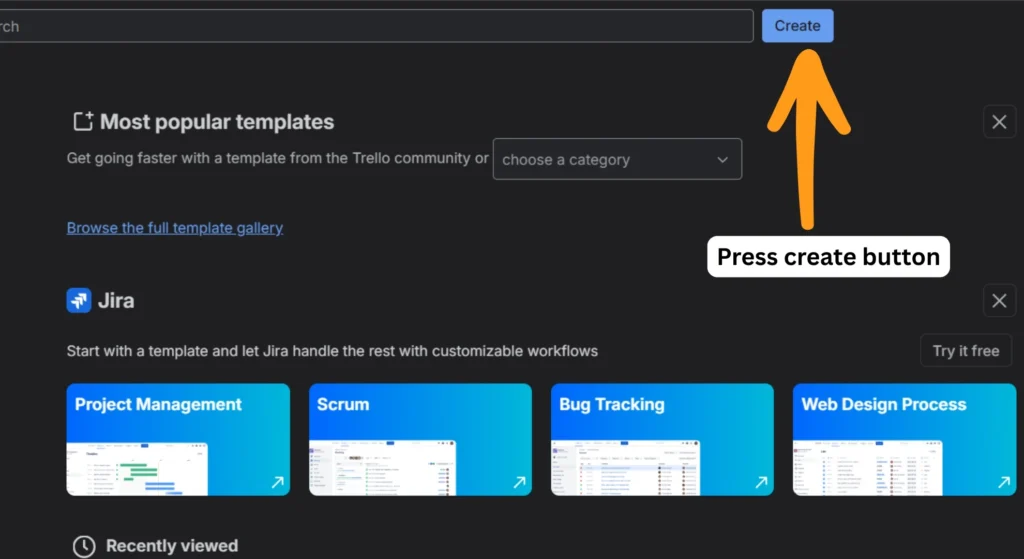 Trello home page view with a pointed arrow to the create board button