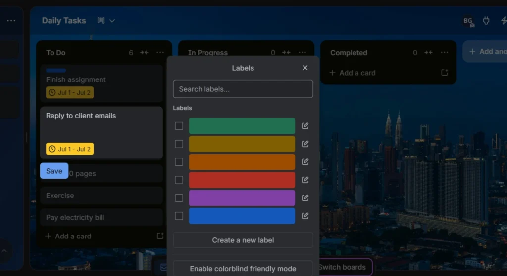 Trello label editing by giving unique colors
