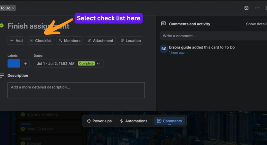 Trello list card editing pane