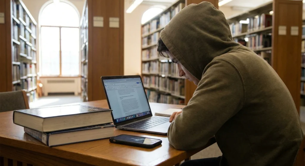 University student studying with books and a laptop during a focused distraction-free study session